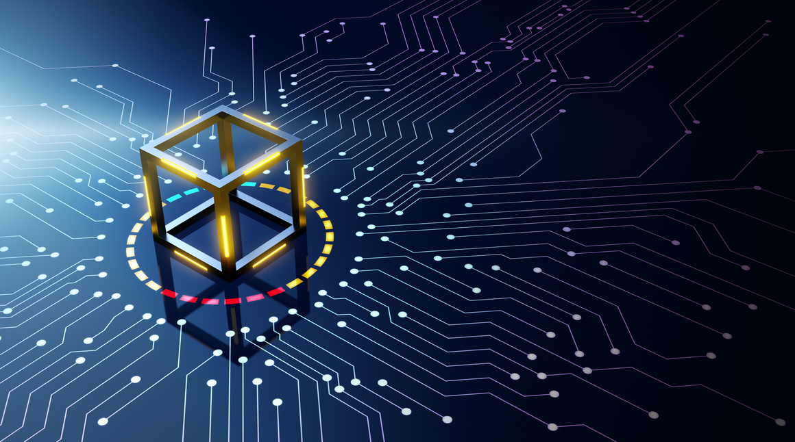 Blockchain technology concept on circuit board